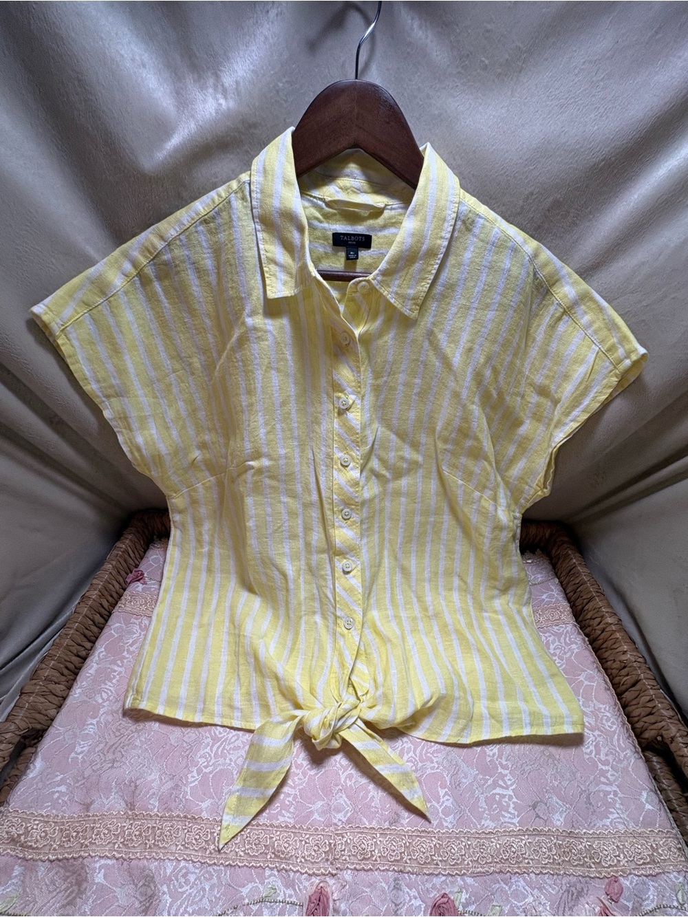 Talbots Petite 100% Linen Yellow White Striped Tie Front Button Shirt MP